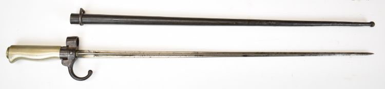 French 1886 pattern Lebel bayonet with down swept quillon, 52cm cruciform blade and scabbard. PLEASE