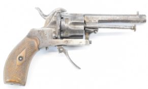 Belgian six-shot double-action pinfire revolver with chequered wooden grips, folding trigger and 3