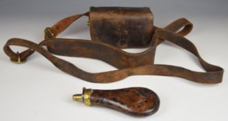 Leather ammunition / cartridge pouch with belt and powder shot flask
