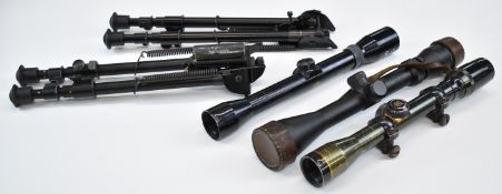 Five rifle or air rifle accessories comprising two Harris S25 bi-pods and three scopes Nikko