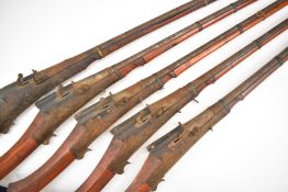 A set of five Turkish, Ottoman or Middle Eastern matchlock guns each with lacquer stock, bone inlaid