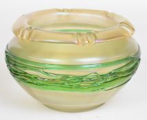 Kralik iridescent glass bowl with crimped folded rim and green relief trailing decoration, 18cm in
