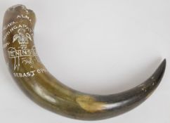 Crimea and Penninsular War interest horn carved with Seringapatam, Peninsular and Crimea, Prince