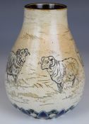 Hannah Barlow for Royal Doulton vase with sgraffito decoration of sheep, H14cm