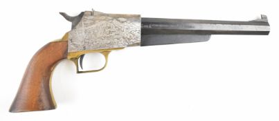 San Marco .44 pistol with engraved scenes to the action featuring cowboys on horses in the desert to