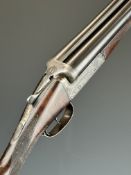 E J Churchill 12 bore side by side ejector shotgun with named and engraved locks, engraved