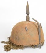 Middle Eastern style helmet with spike finial and chain mail surround, height including chain mail