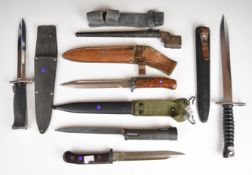 Six various bayonets including two Czechoslovakian examples with wood chip grips, Swiss style