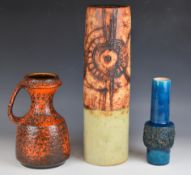 Retro / mid century modern West German pottery vases comprising a blue lava vase, orange jug and a