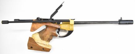 Swiss Arms SAM60 .22 long barrelled target pistol with gold action, shaped wooden grips,