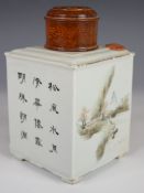 Chinese republic period footed tea caddy with hardwood cover, landscape and enamelled script
