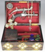 Vampire slaying kit comprising a 19thC percussion hammer action pocket pistol with engraved locks,