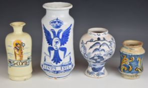 Four 18th to 20thC albarello / apothecary jars, two with Latin script, tallest 26cm