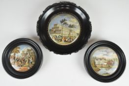 Three Prattware pot lids comprising The Grand International Building of 1851 for Exhibition of Art