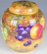 Royal Worcester painted fruit ginger jar and cover decorated with peaches, grapes, apples,