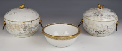 Two 19thC Chinese twin handled covered dishes / food warmers with Dog of Fo finials, one with