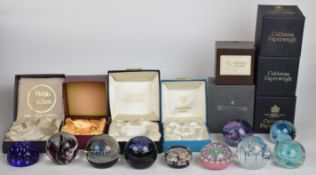 Ten Caithness, Perthshire, Webb Corbett, Strathearn and Uredale glass paperweights, some limited