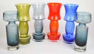 Six Tamara Aladin for Riihimaen Lasi Riihimaki glass vases comprising a pair and a set of four,