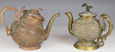 Chinese heavy brass / bronze teapot with dragon decoration in relief and an Indian teapot with
