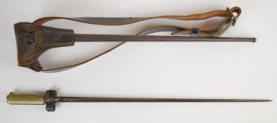 French 1866 pattern Lebel bayonet with metal grip, 52cm cruciform blade marked JM, scabbard, frog