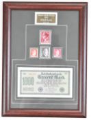 German Nazi Third Reich stamps and a banknote, framed and glazed