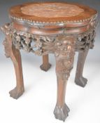 19th / 20thC Chinese carved marble inset Padouk jardinière stand, diameter 48 x height 46cm