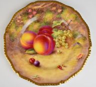 Royal Worcester painted fruit cabinet plate with gadrooned and gilded rim, signed Ayrton, diameter