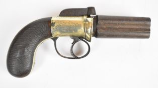 English four-shot percussion bar hammer action pepperbox pistol / revolver with engraved lock,