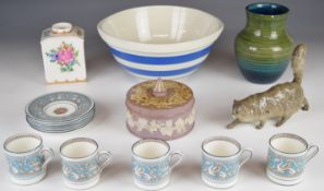 T G Green twin handled mixing bowl, ribbed Moorcroft vase, Wedgwood lilac Jasperware covered pot,