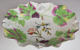 Chelsea porcelain 18thC red anchor period dish, with relief moulded grape and vine and floral