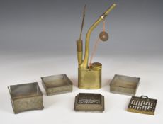 Paktong / pewter opium pipe with impressed marks inside lid and a sectional pewter box, tallest