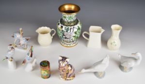 Hollohaza bird figures, Royal Crown Derby Imari cat, Belleek vase / jug, cloisonné vase and canister