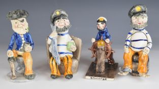 Four Alan Young Devon Pottery figures comprising two fishermen, a Salcombe sailor and a pirate,