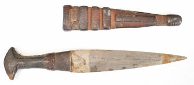 Tribal dagger with skin covered grip, 19cm double edged blade and sheath. PLEASE NOTE: WE ARE NOT