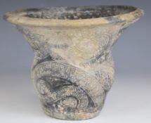 Thailand Ban Chiang period noir flared vase with decoration in relief, two drill holes in the rim