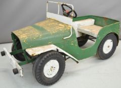 Vintage pressed steel and plastic children's pedal car in the style of a Jeep, length 92cm.