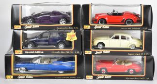 Six Maisto 1:18 scale diecast model cars comprising Jaguar Mark II, Porsche 911 Speedster,