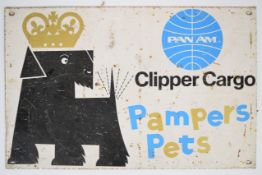 Pan Am airline metal advertising sign 'Clipper Cargo Pampers Pets', 27 x 42cm