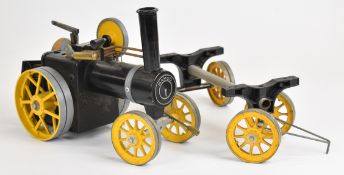 Mamod TWS1 live steam traction engine and matching lumber wagon, with yellow painted wheels and