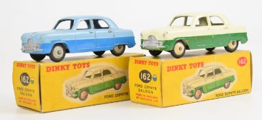 Two Dinky Toys diecast model Ford Zephyr Saloon cars in two-tone blue and green/cream paintwork,