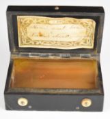 Swiss two air musical box, the top carved with a Swiss historical scene, opening to reveal tune