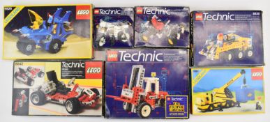 Seven vintage Lego and Lego Technic sets comprising Mobile Crane 6361, Mobile Recovery 6926, Go-Kart