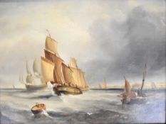 19th century oil on canvas seascape, sailing ships and smaller boats with shore visible beyond and