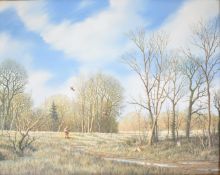 Nicholas Mace (British, born 1949) oil on canvas of man pheasant shooting with spaniels amongst a