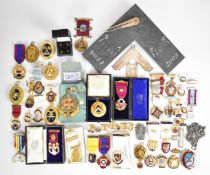 Large collection of around sixty Masonic jewels, medals and cufflinks comprising a hallmarked silver
