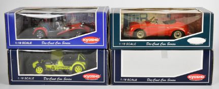 Four Kyosho 1:18 scale diecast model cars comprising two Caterham Super Seven, Triumph TR3A and