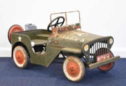 Tri-ang Willys Jeep pressed steel children's pedal car with green body, red hubs, whitewall tyres