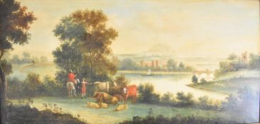 19th century oil on canvas landscape man on horseback talking to a man beside cattle, with river