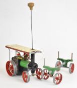 Mamod TE1A live steam traction engine with steering extension rod, together with an OW1 trailer