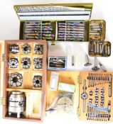 Model engineering tools comprising cased set of number drills, Woodruff Cutters, BA tap and die set,